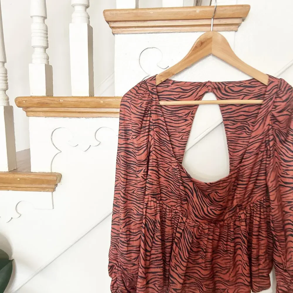 Free People Tiger Print Peplum Top Flouncy Smocked Back Long Sleeve Size XS